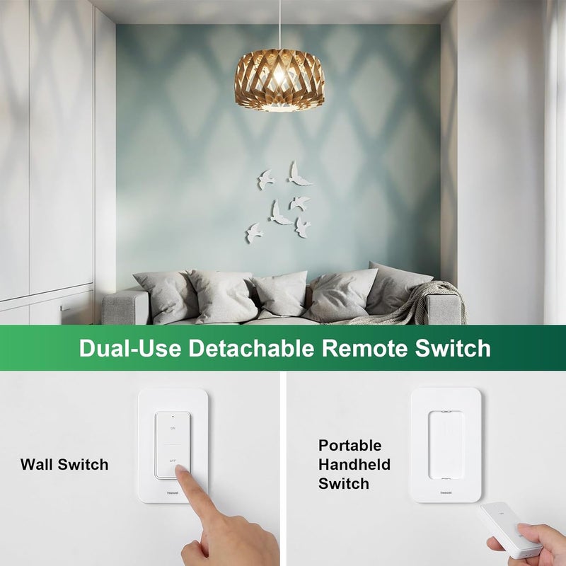 treewell Remote Control Light Socket, 200FT Range Wireless Light Switch, Remote Light Socket for Pull Chain Light Fixture, E26 E27 Bulb Base, No Wiring Needed (2 Wall Mounted Switches and 1 Socket) - Image 4